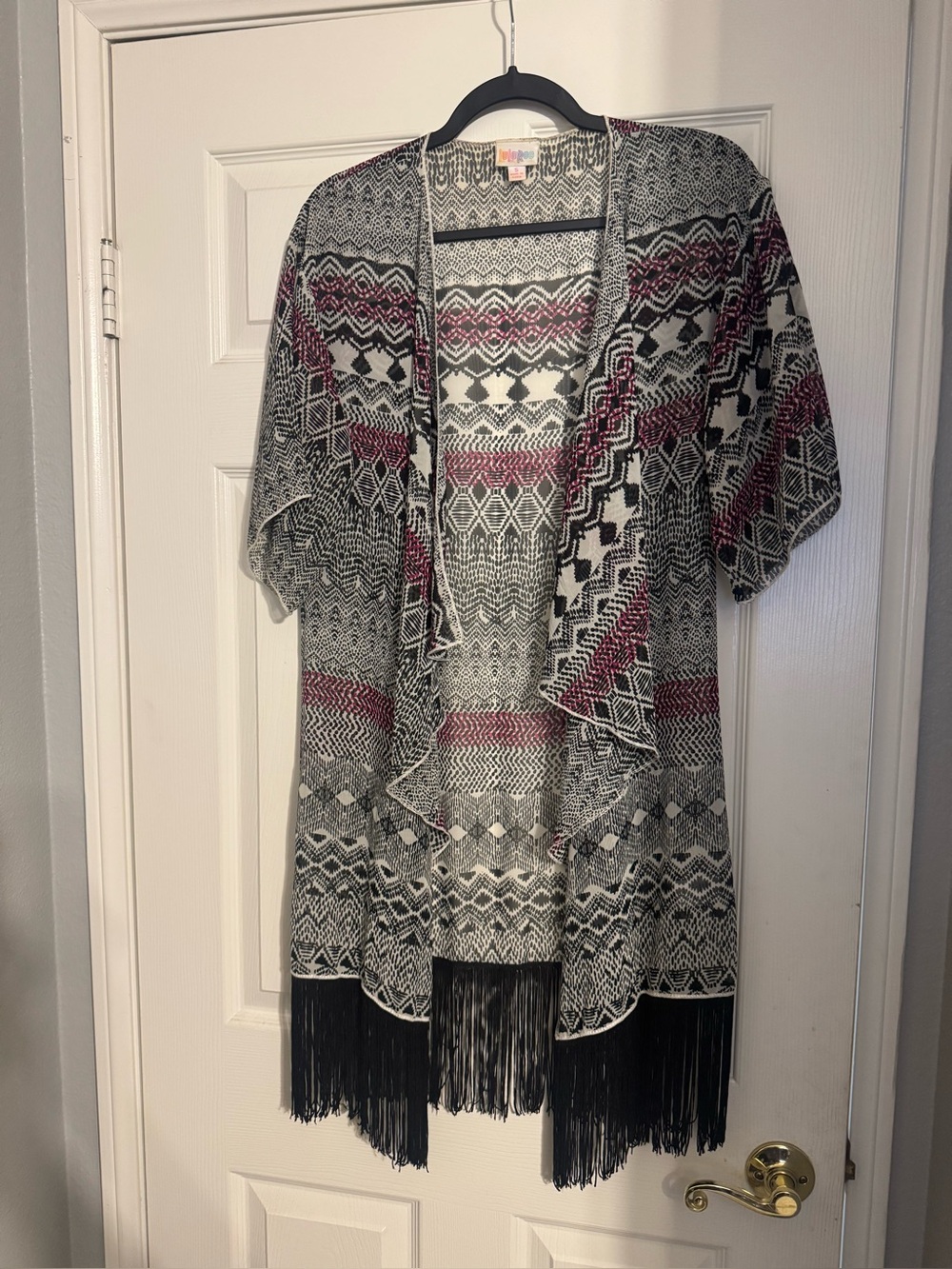 LuLaRoe sheer black, white, & fuchsia Monroe with black fringe. EUC  
size S